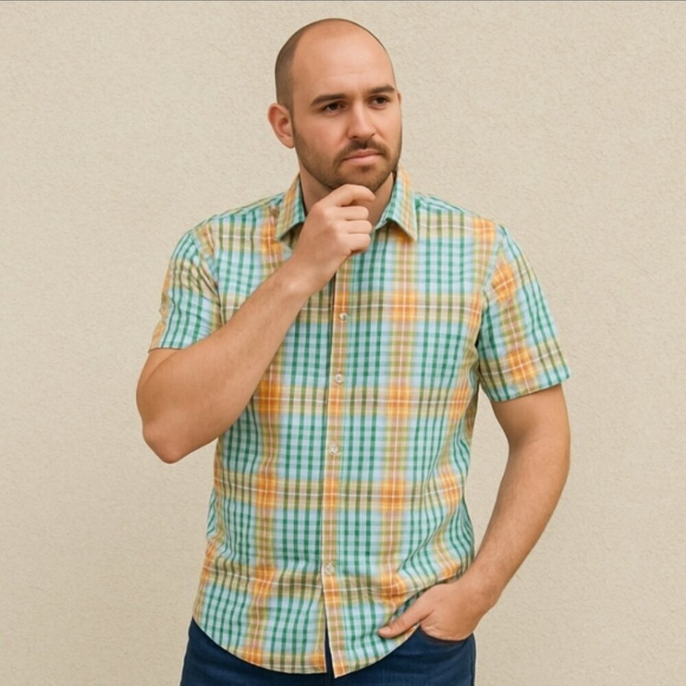 Robert Graham X Plaid Short Sleeve Shirt Green Orange Check Men's XL